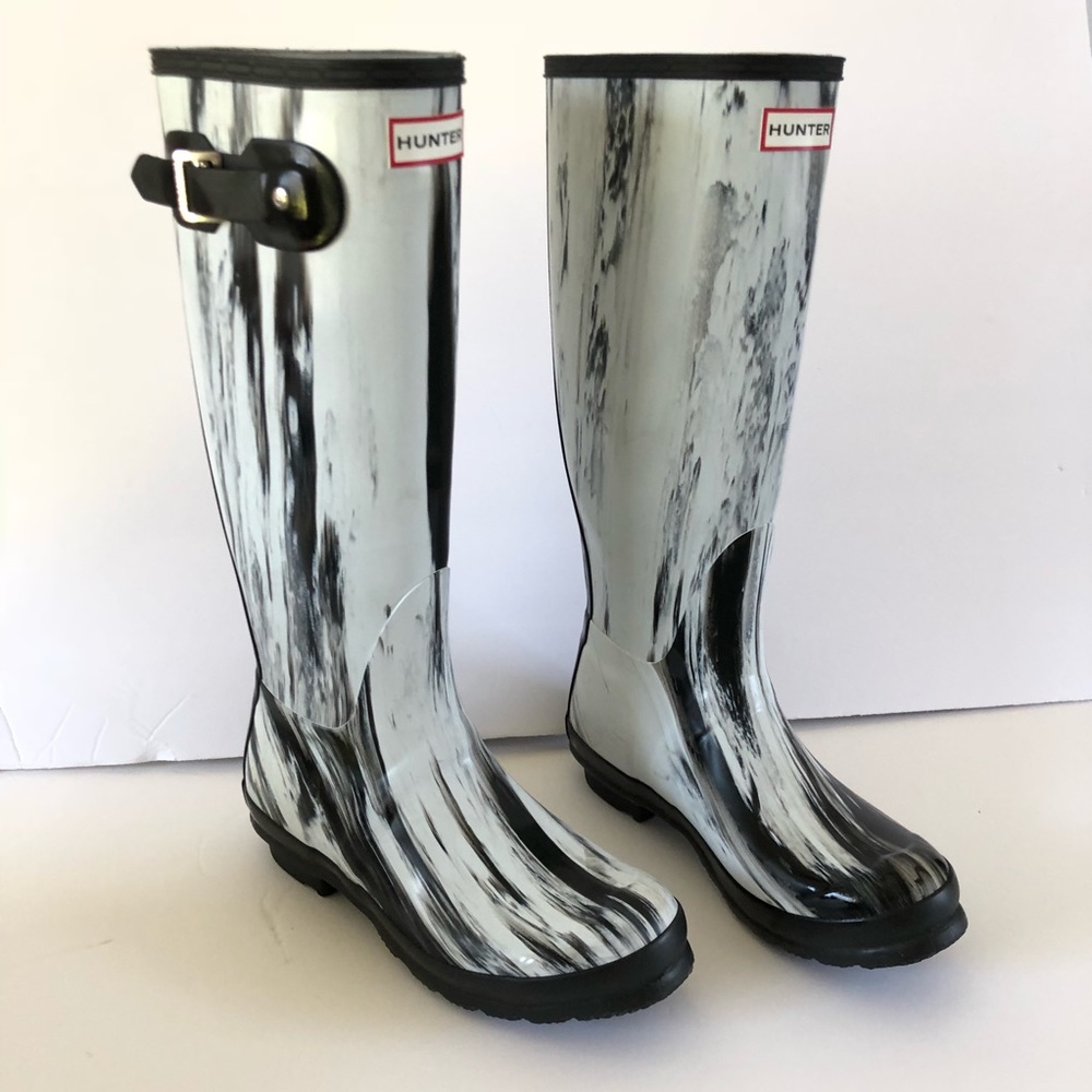 Hunter marble wellies rain boots black white 6 7